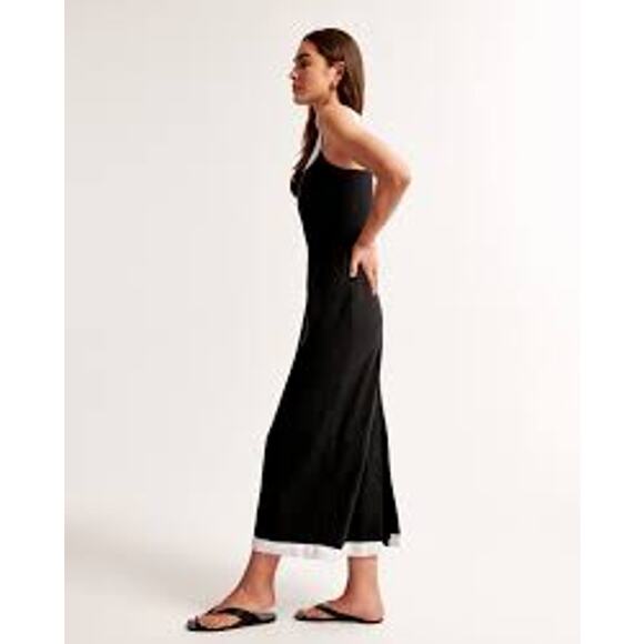 ABERCROMBIE & FITCH Linen Blend Squareneck Column Dress Black White Midi Small T - Picture 3 of 7